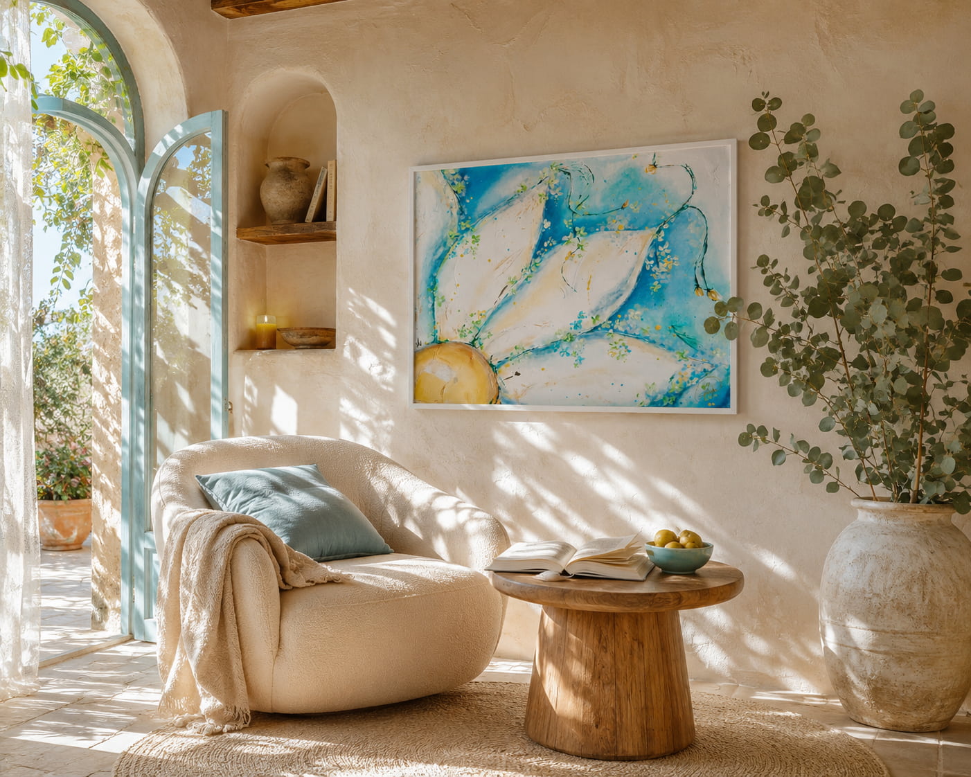 abstract floral wall art with big flower on a wall in a warm and cozy living room