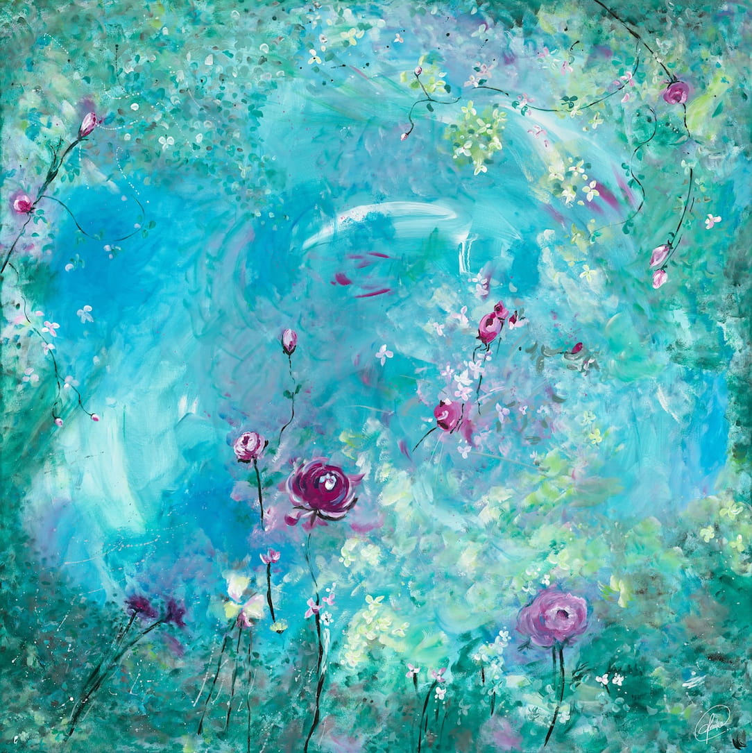 Colourful abstract painting with flowers on a blue and green background