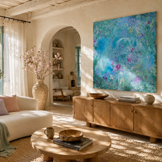 Stunning abstract artwork with blues, greens ans pink on a wall in a sunlit cozy living room