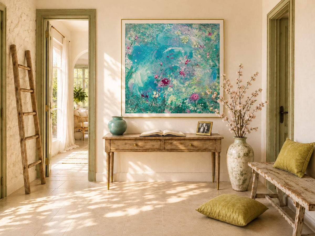 abstract framed artwork with swirling blues and pinks on a wall in a light filled mediterranean hallway that leads to a living room