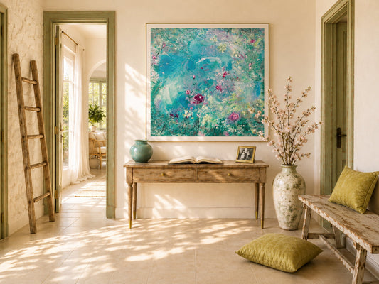abstract framed artwork with swirling blues and pinks on a wall in a light filled mediterranean hallway that leads to a living room