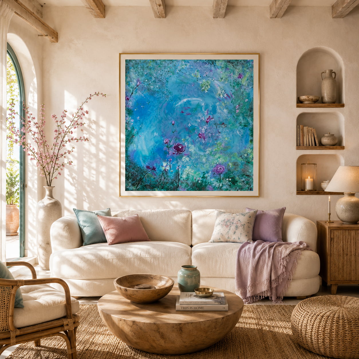 abstract framed artwork with swirling blues and pinks on a wall in a light filled mediterranean living room