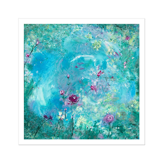 Abstract wall art print with teal and purple floral elements