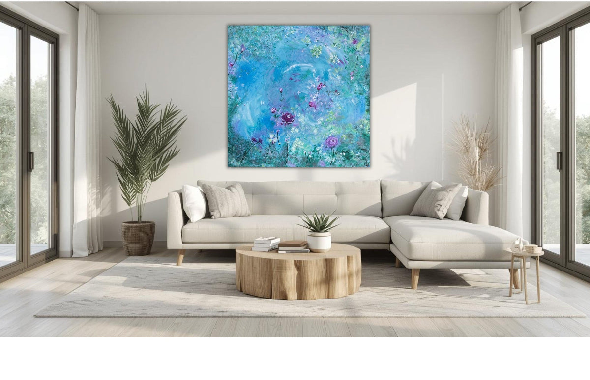 Modern living room with a large abstract painting on the wall, a sectional sofa, and decorative items.