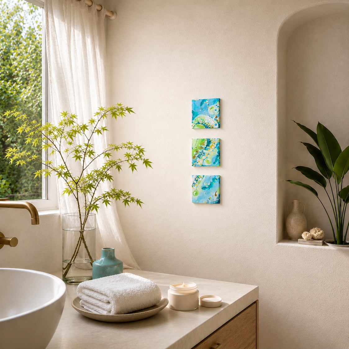 Why Not three-piece blue and green painting set displayed in a modern bathroom