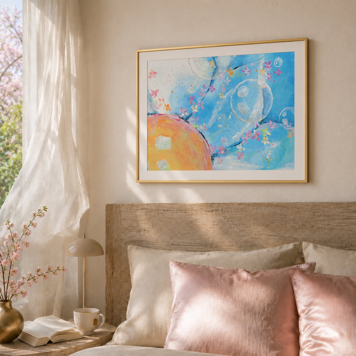 Softly She Shines bedroom wall art in gold frame above timber bed — pastel blue and peach abstract print with pink blossoms, Queensland Australia