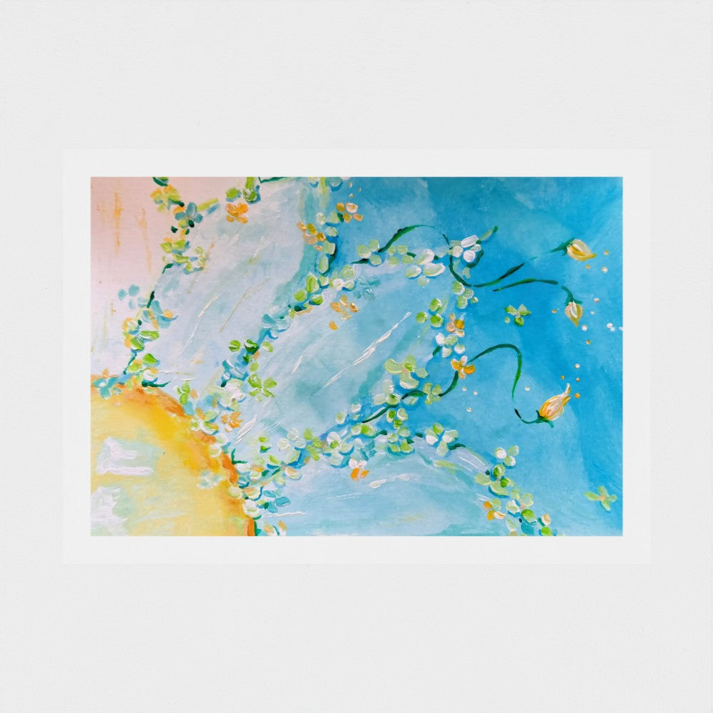 An abstract art print with a vibrant blue background, green vines, small white and yellow flowers, presented with a white border on a light gray background.