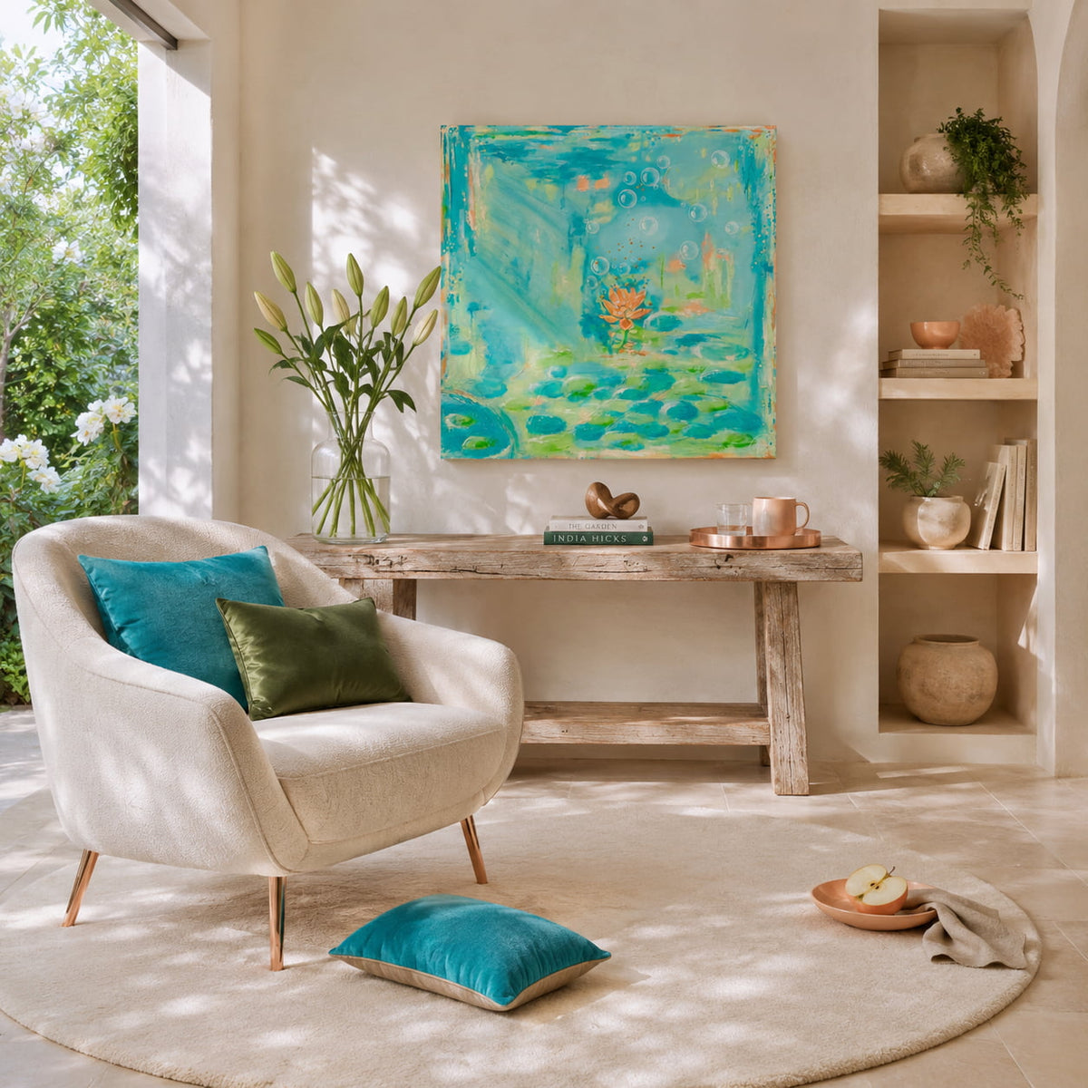 Bursting into Bloom original floral painting in a sunlit living room