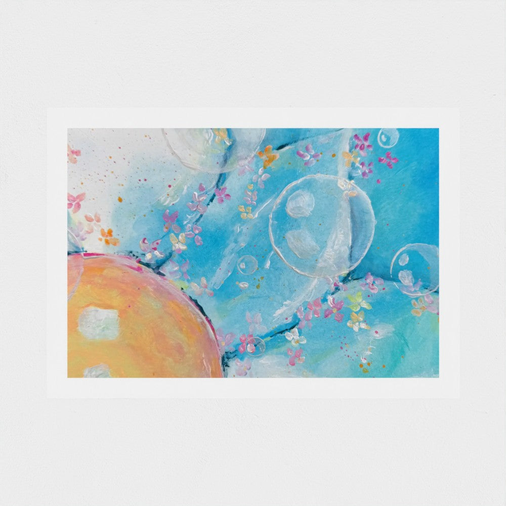 Colorful abstract art print with bubbles and floral elements on a blue background