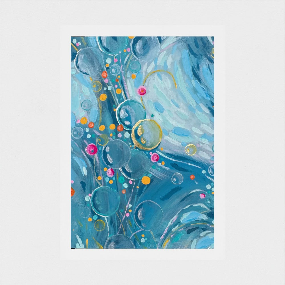 An abstract art print in vibrant blue and  with swirling brushstrokes, painted gold bubble circles, and scattered colourful dots in pink, yellow, orange, and green, presented on a white background.