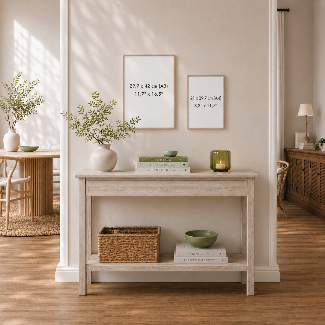 A light gray console table in a styled hallway  with books, a basket, a green bowl, and a vase of greenery. on a console. Two framed prints with dimensions are hanging on the wall behind it.