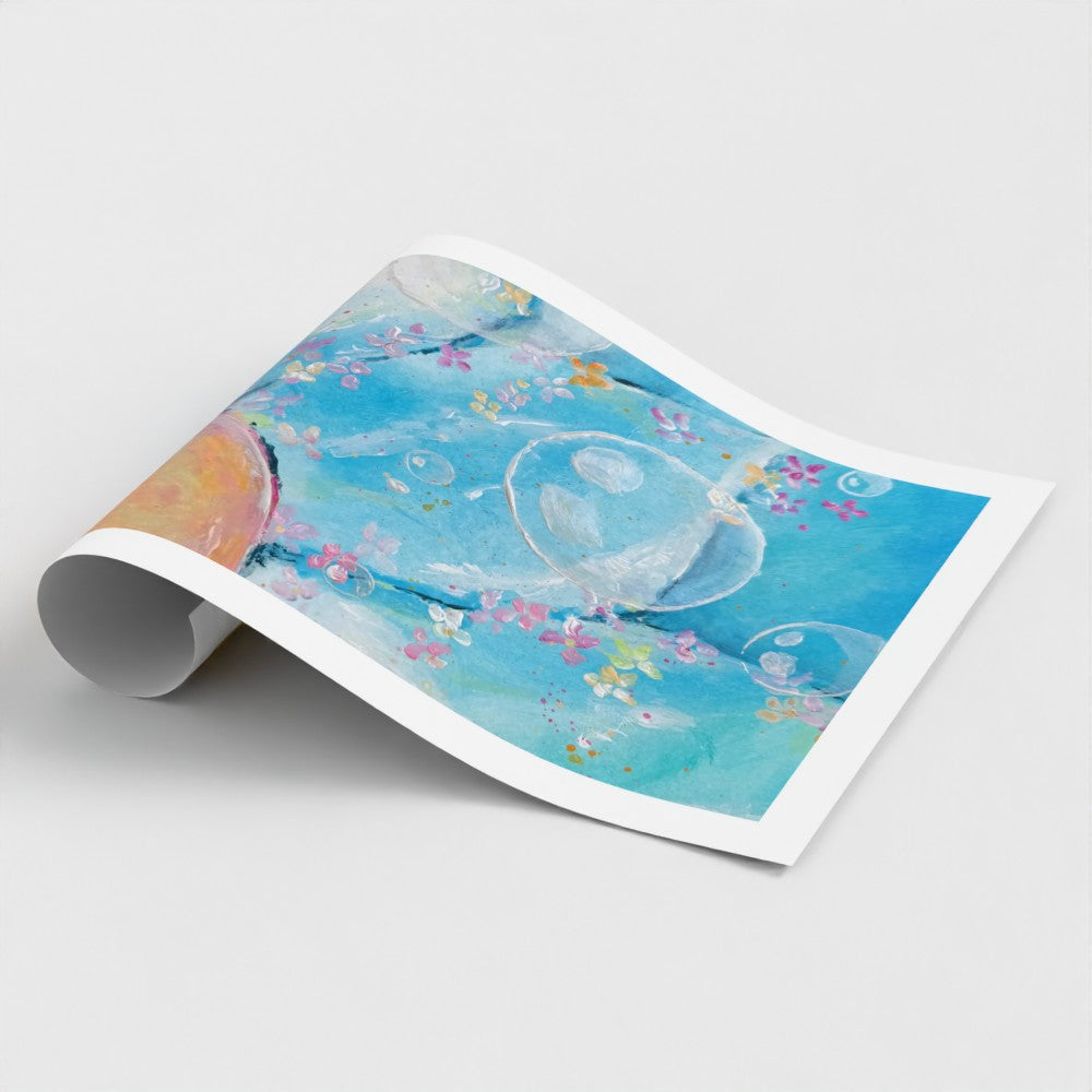 Roll of wall art print with a colorful design of bubbles and flowers on a light gray background